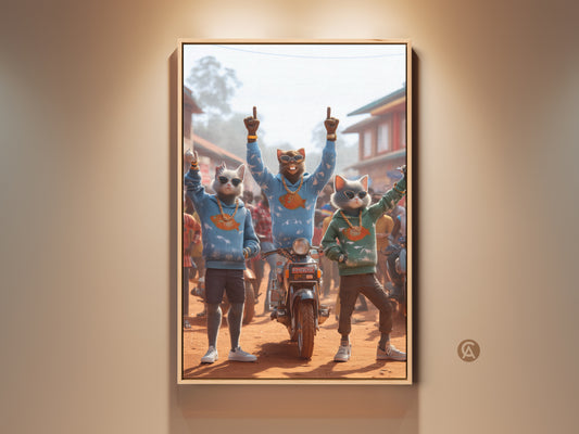Framed artwork displaying three cool cat characters. They are in hoodies and gold chains. One cat sits on a motorcycle. The artwork is displayed in a warm-toned room. This framed canvas is ready to hang and will add a touch of humor to any space.