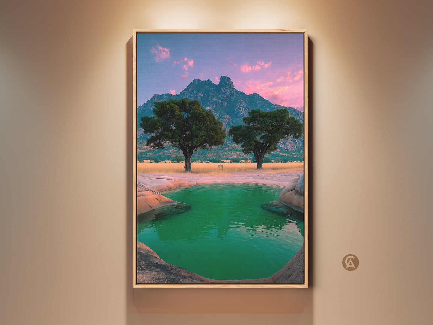Green Oasis Canvas Print showcasing African Mountain Landscape art. The Savanna nature wall decor adds an eclectic home style. A perfect travelers gift with realistic nature artwork. See the blue pink sky art print. The safari scene canvas decor is stunning.