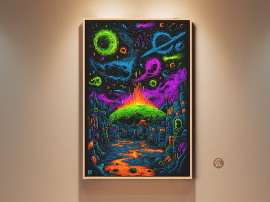 Experience the otherworldly with this framed artwork. This vibrant art piece features a neon city beneath cosmic planets. A lava river flows through the urban landscape. Perfect for adding a surreal touch to any space. Shop now for unique wall decor.