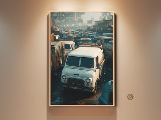 Framed artwork featuring a vintage white van in a junkyard setting. The art piece is displayed with a natural wood frame. This automotive art adds industrial charm to any space. A unique conversation starter for car enthusiasts.