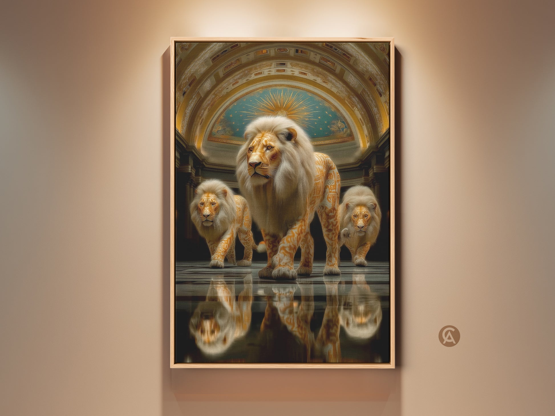 Explore this majestic abstract gold lion canvas art. It showcases an animal royalty theme perfect as wall decor. This surreal animal print brings a unique artistic touch to any office or home setting. Notice the surreal painting style and gallery setting.