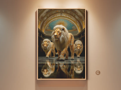 Explore this majestic abstract gold lion canvas art. It showcases an animal royalty theme perfect as wall decor. This surreal animal print brings a unique artistic touch to any office or home setting. Notice the surreal painting style and gallery setting.