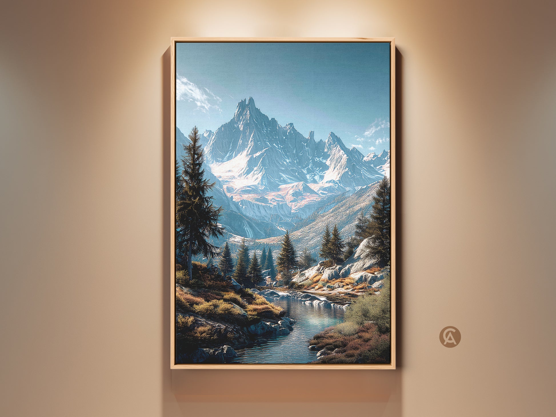 Framed mountain landscape artwork. A serene river flows beneath snow capped peaks. Evergreen trees dot the scene in the framed art. The warm wood frame enhances the natural beauty. Perfect wall art for nature lovers. Shop framed canvas prints today.