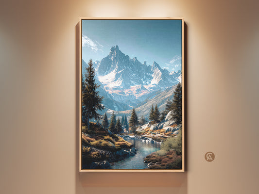 Framed mountain landscape artwork. A serene river flows beneath snow capped peaks. Evergreen trees dot the scene in the framed art. The warm wood frame enhances the natural beauty. Perfect wall art for nature lovers. Shop framed canvas prints today.
