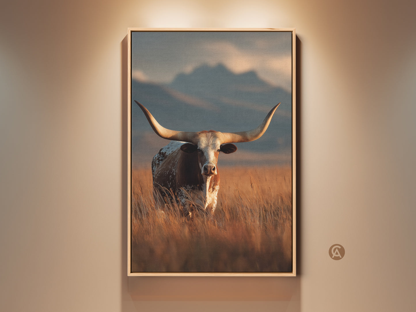 Framed longhorn cattle art print. This rustic western wall art features warm earth tones. The wildlife decor is perfect for a farmhouse style. This canvas brings a cowboy ranch feel to your home. The golden landscape enhances any space. A striking animal portrait for wall decor.