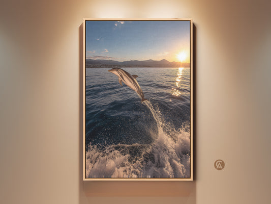 A captivating canvas art print of a dolphin leaping out of the ocean at sunset. The golden yellow sky contrasts beautifully with the deep blue sea. This framed coastal artwork adds a touch of marine life to any room. It is a perfect housewarming gift for ocean and beach lovers seeking a modern aesthetic.