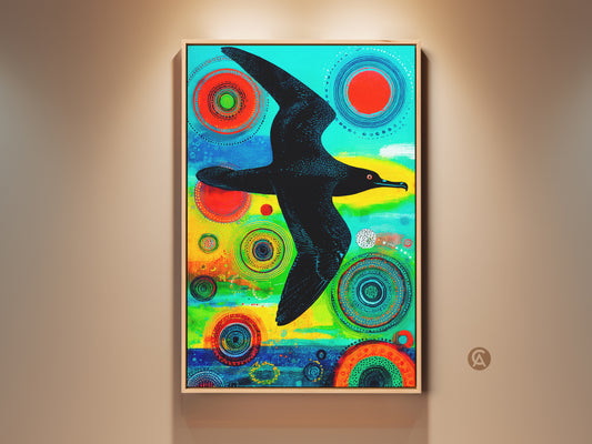 Stretched canvas art print featuring an abstract albatross in flight. The vibrant teal red and green hues create a captivating display. Ready to hang with gallery wrapped mirror edges. This modern folk artwork enhances any space. It is a perfect eclectic gift for bird lovers and nature enthusiasts seeking unique wall decor.