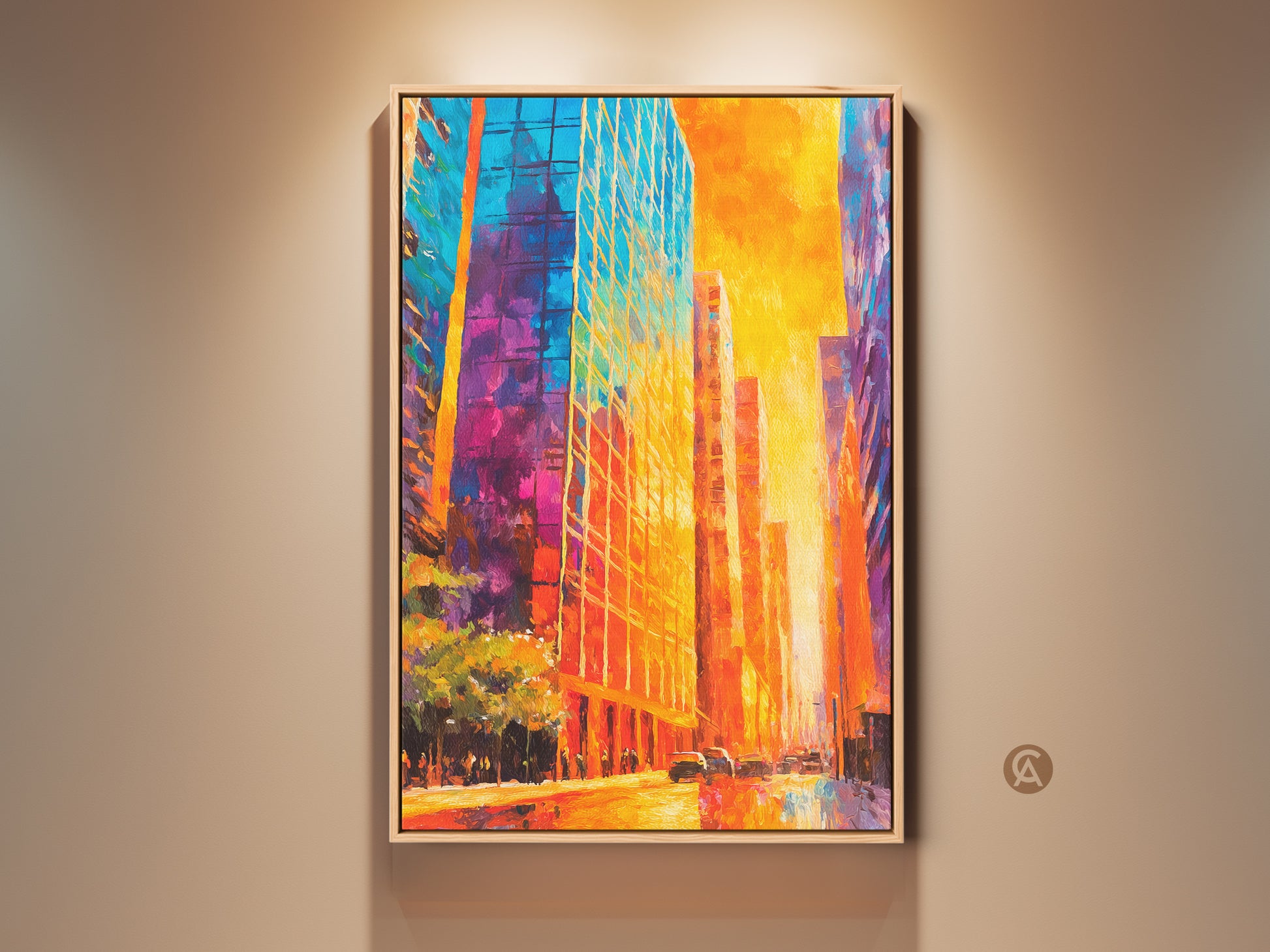 Framed vibrant city art adds a pop of color. This striking artwork captures a dynamic urban scene in vivid hues. The painting is framed and ready to hang adding sophistication to any space. Shop now for colorful cityscapes