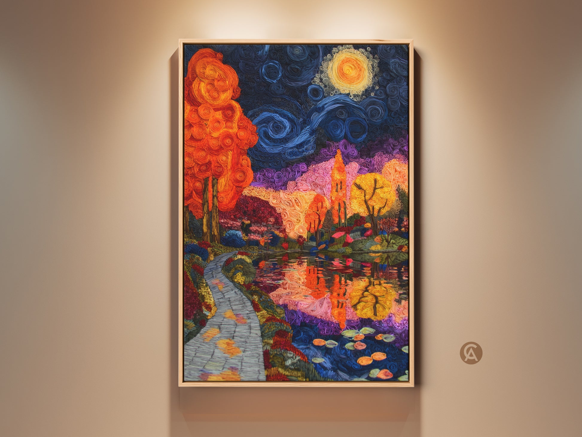 Impressionist Landscape Canvas Art Print featuring trees and water. This eclectic style artwork showcases a vibrant scene with orange blue and purple hues. Perfect anniversary gift for art lovers. The wall decor adds artistic flair to any room with its swirling brushstrokes and vibrant colors.