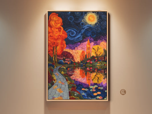 Impressionist Landscape Canvas Art Print featuring trees and water. This eclectic style artwork showcases a vibrant scene with orange blue and purple hues. Perfect anniversary gift for art lovers. The wall decor adds artistic flair to any room with its swirling brushstrokes and vibrant colors.