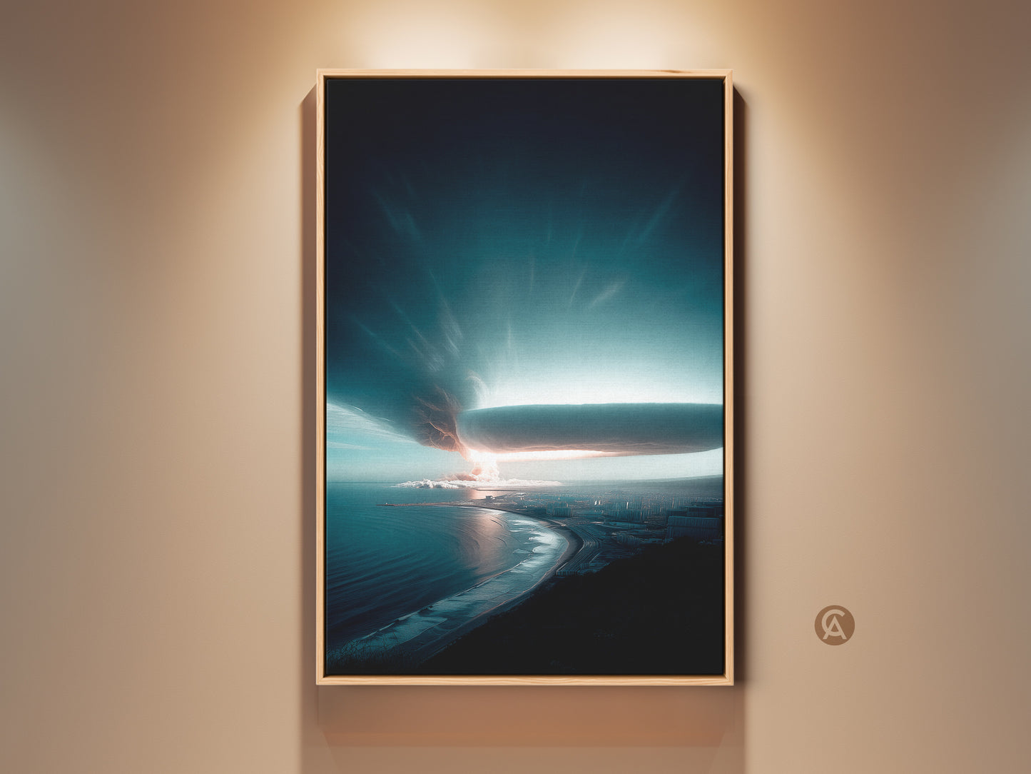 Deep Blue Coastal Cityscape artwork on canvas. This contemporary wall art captures a stormy ocean meeting an urban skyline. Teal and grey tones dominate this modern home decor piece. A unique travel enthusiast housewarming gift showcasing a dramatic sky.