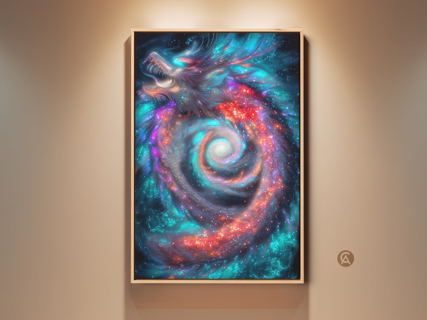 Cosmic Dragon art print on a wall. This fantasy galaxy nebula canvas wall art brings a sci-fi touch. Teal and red artwork creates a unique focal point for a bedroom.  Perfect for adding an eclectic feel.