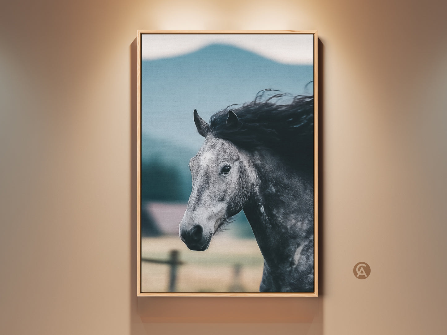 Equestrian canvas art in a rustic style graces a beige wall. The monochrome horse print with blue and gray hues adds natural charm. Perfect bedroom gift for horse lovers seeking rustic wall decor.