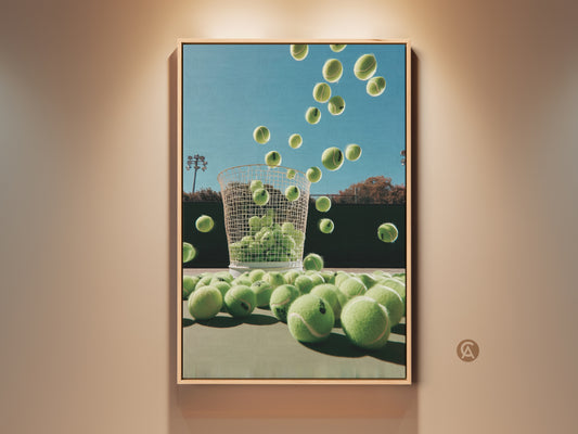 Elevate your space with tennis ball art. This framed canvas features a basket overflowing with vibrant tennis balls. A unique piece for tennis enthusiasts. The artwork adds a sporty touch to any room.