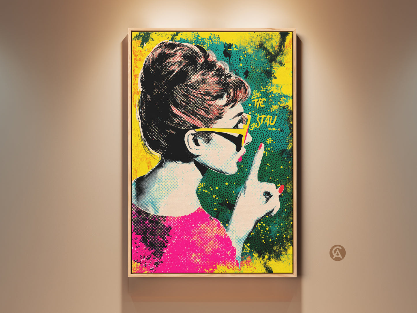 Retro Pop Art Audrey Hepburn artwork in a wood frame. The iconic portrait features a halftone style in pink yellow and teal. A unique statement piece for eclectic homes. Perfect gift for fashion lovers.