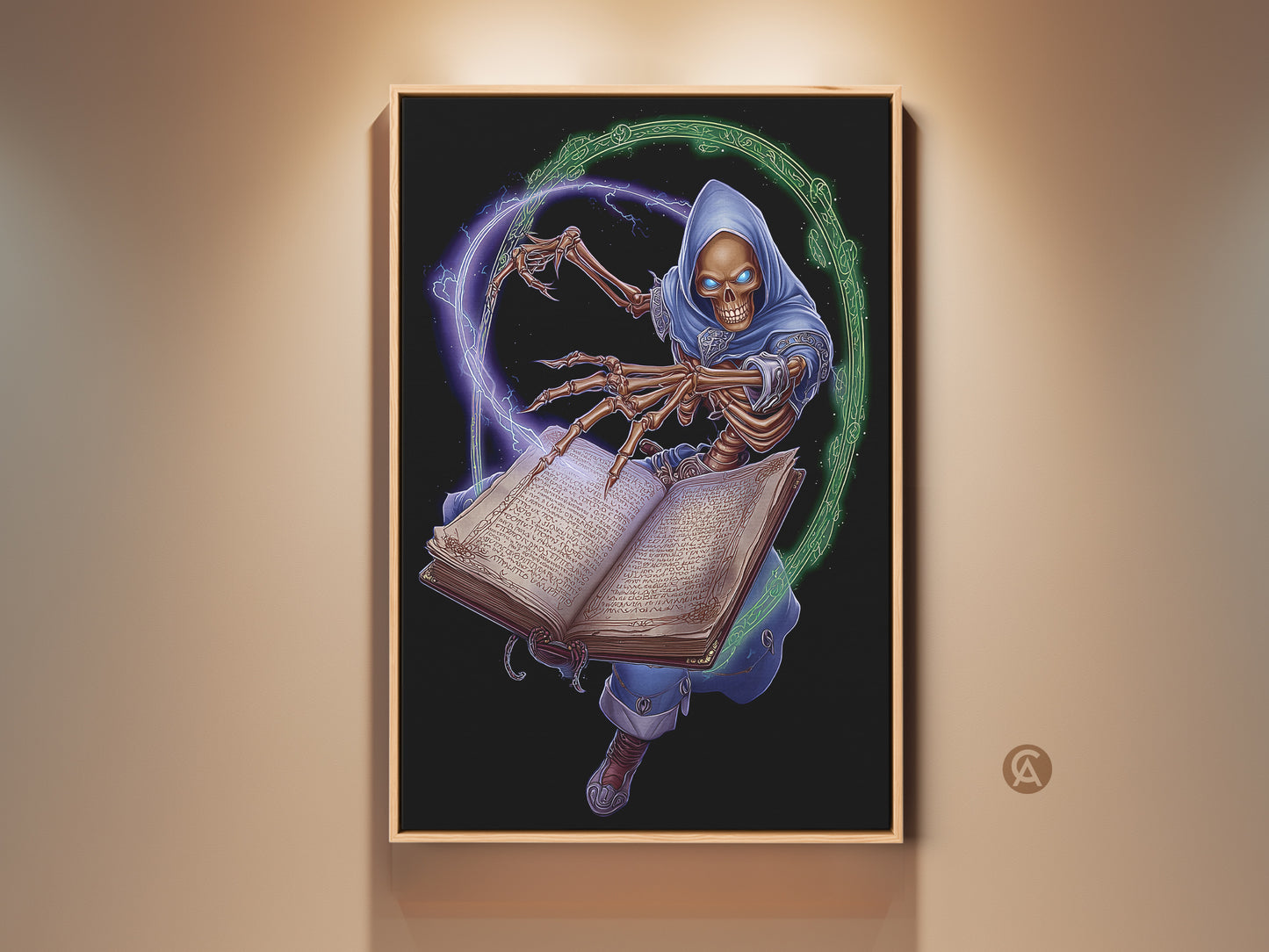 Dark Fantasy Skeleton Wizard art print framed in wood. The hooded skeleton is casting a spell from his ancient spellbook. This gothic Halloween gift adds arcane charm to any eclectic home. The blue and green hues create a mystical atmosphere.