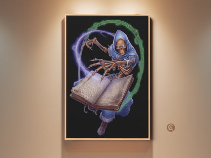 Dark Fantasy Skeleton Wizard art print framed in wood. The hooded skeleton is casting a spell from his ancient spellbook. This gothic Halloween gift adds arcane charm to any eclectic home. The blue and green hues create a mystical atmosphere.