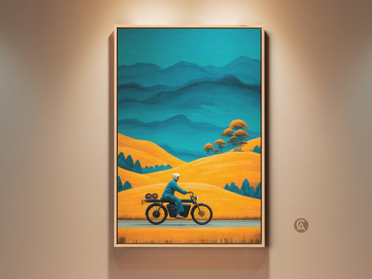 Mid-Century Modern motorcycle landscape art. Retro motorcycle rider on canvas art print. Golden yellow hills and teal blue mountains create a vintage scenic artwork. Perfect biker home decor for adventure travel lovers. It makes a unique wall hanging. 