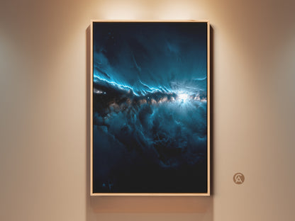 This is a framed nebula artwork. The art features shades of dark blue and white. This is a stunning piece. The artwork is displayed under warm lighting. The frame is a light oak color. Purchase this framed artwork today