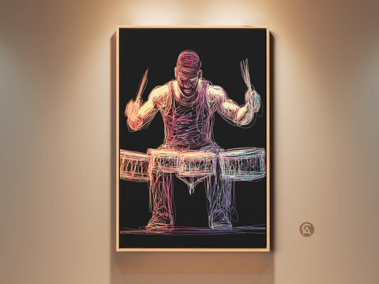 Elevate your space with this vibrant abstract drummer canvas art. See the musician's energetic line art rendered in red pink yellow and purple hues. A unique music room wall decor idea! Perfect gift for music lovers. The abstract musician canvas art is set against a sleek black background. Shop now to bring rhythmic flair to your home or office.