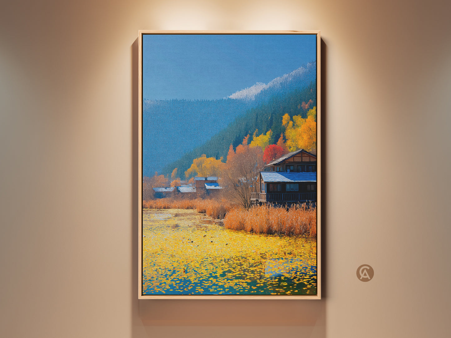 Rustic lake cabin landscape art print framed in oak. See the autumn scenery wall decor. This folk art style features yellow blue and orange colors. A great home gift.
