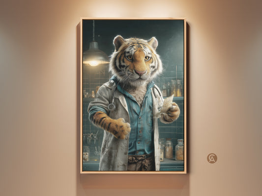 A framed artwork of a tiger dressed as a doctor. The tiger is wearing a lab coat and stethoscope. He is holding a prescription. Add a unique and whimsical touch to your home decor. This art print is perfect for animal lovers