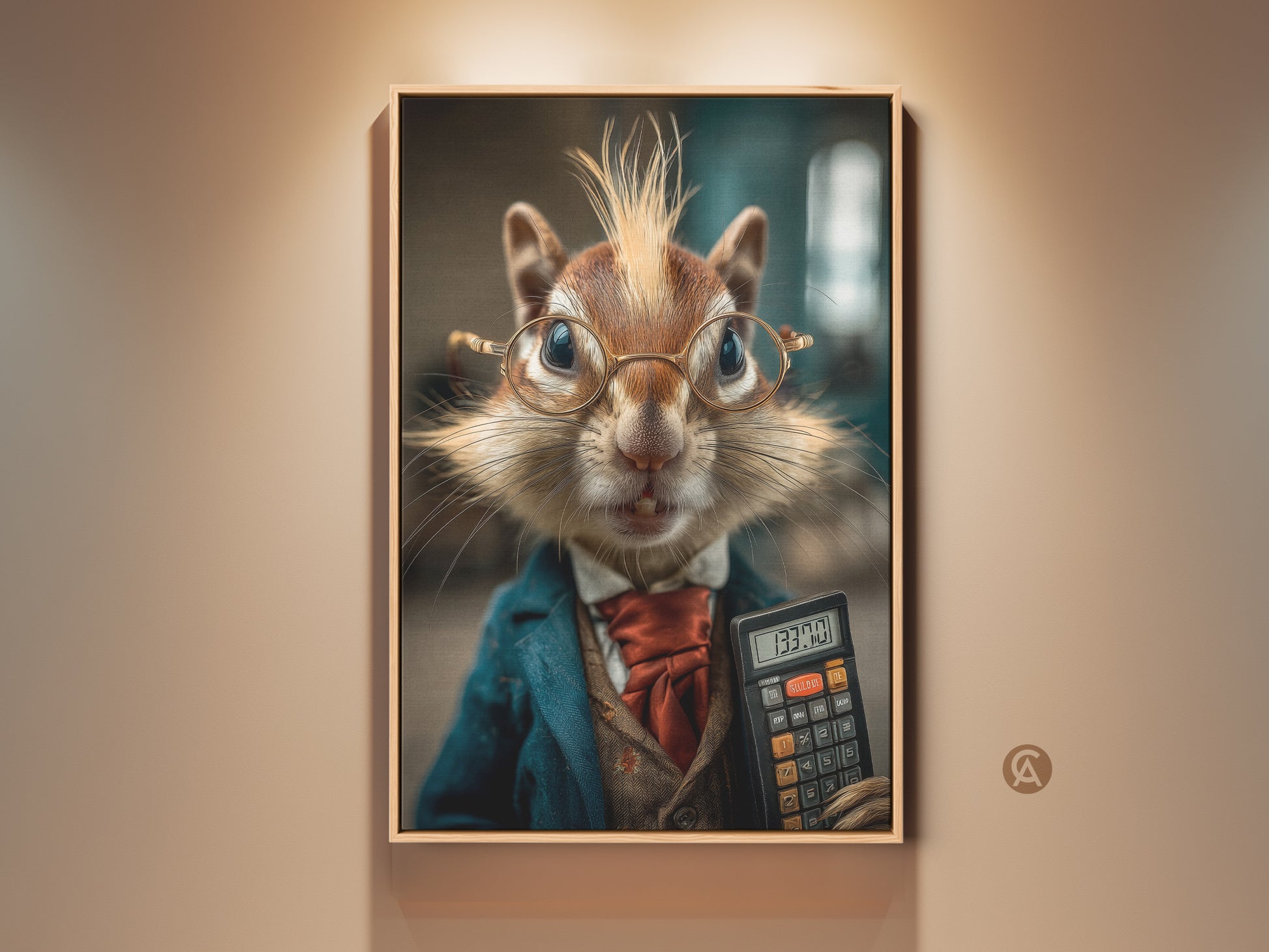 Photorealistic chipmunk artwork in a suit holds a calculator. Teal blue animal art provides unique office decor. Business professional wall art offers an accountant gift idea. Shop now for whimsical & funny office art.