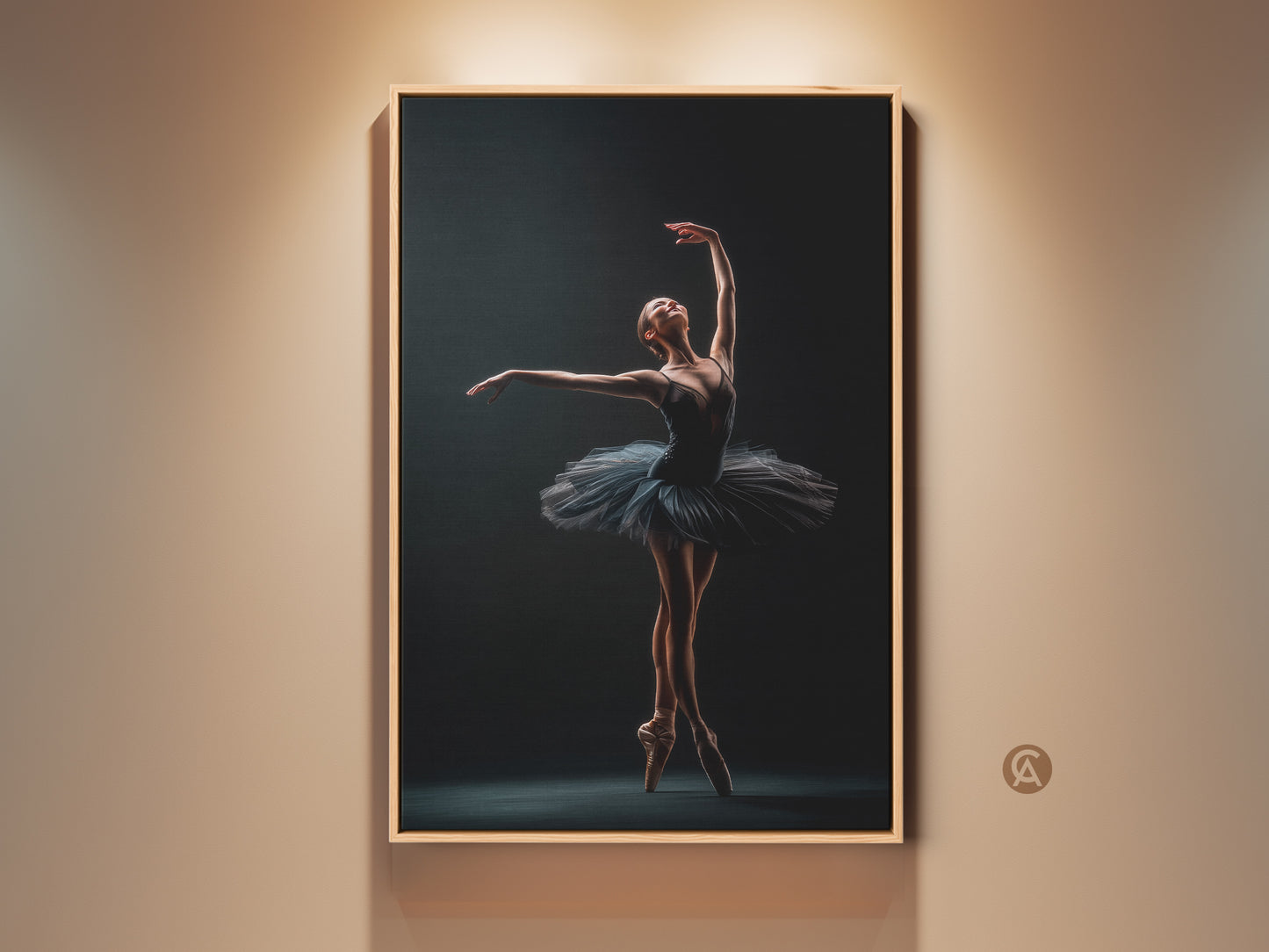 Framed ballerina art print. This artwork features a dancer en pointe in a graceful pose. The framed canvas adds a touch of elegance. Perfect wall art for dance lovers. Decorate your space with this beautiful ballet art.