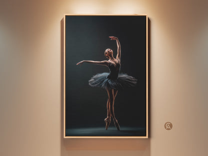 Framed ballerina art print. This artwork features a dancer en pointe in a graceful pose. The framed canvas adds a touch of elegance. Perfect wall art for dance lovers. Decorate your space with this beautiful ballet art.