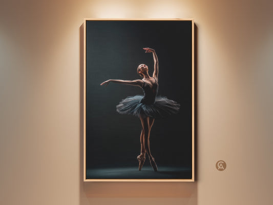 Framed ballerina art print. This artwork features a dancer en pointe in a graceful pose. The framed canvas adds a touch of elegance. Perfect wall art for dance lovers. Decorate your space with this beautiful ballet art.