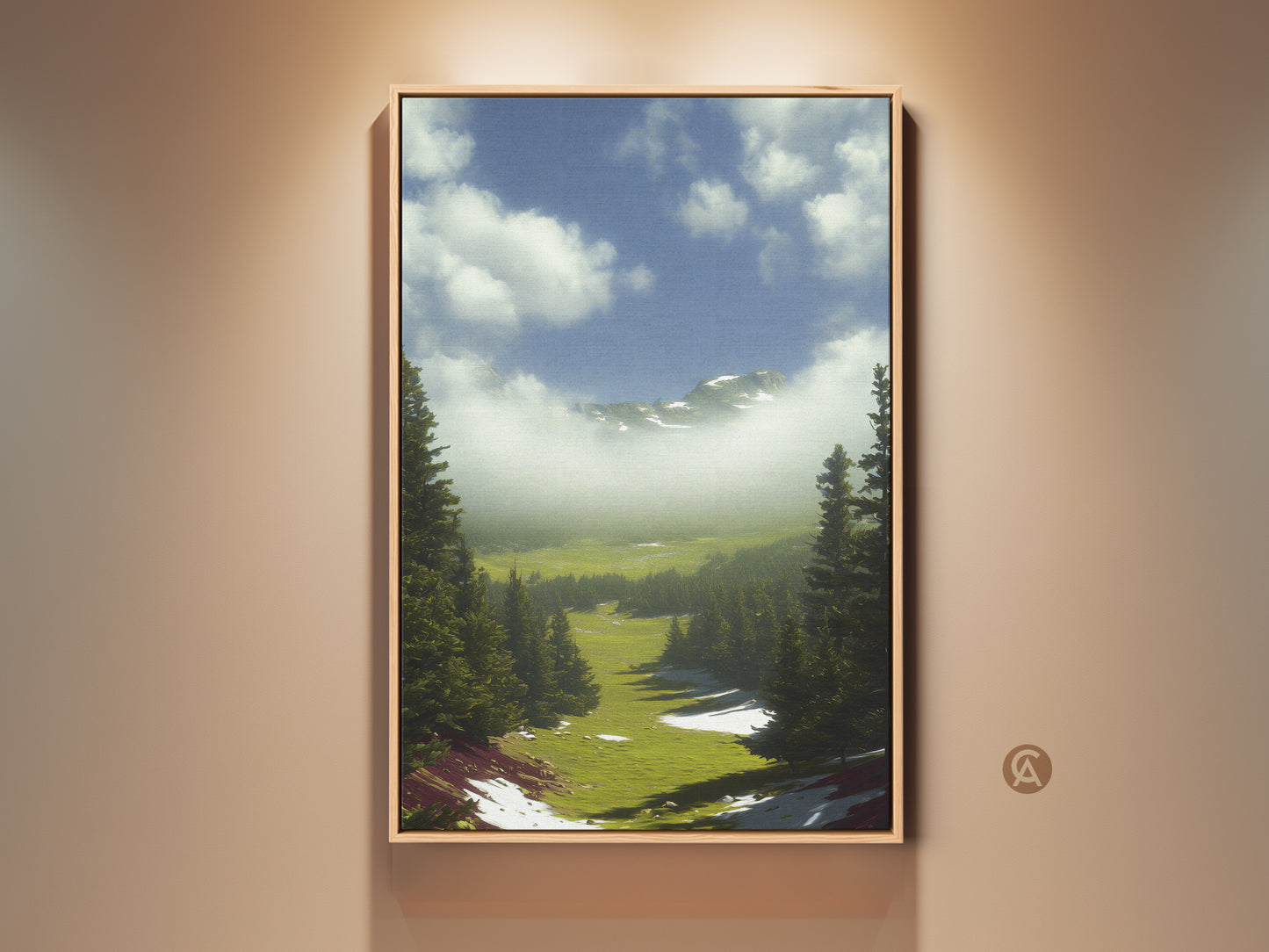 Framed emerald green pine forest artwork. This mountain landscape canvas print features rolling hills under a blue sky. A perfect nature artwork for bedroom or a housewarming gift for outdoor lovers.