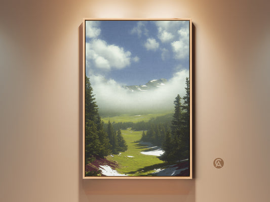 Framed emerald green pine forest artwork. This mountain landscape canvas print features rolling hills under a blue sky. A perfect nature artwork for bedroom or a housewarming gift for outdoor lovers.