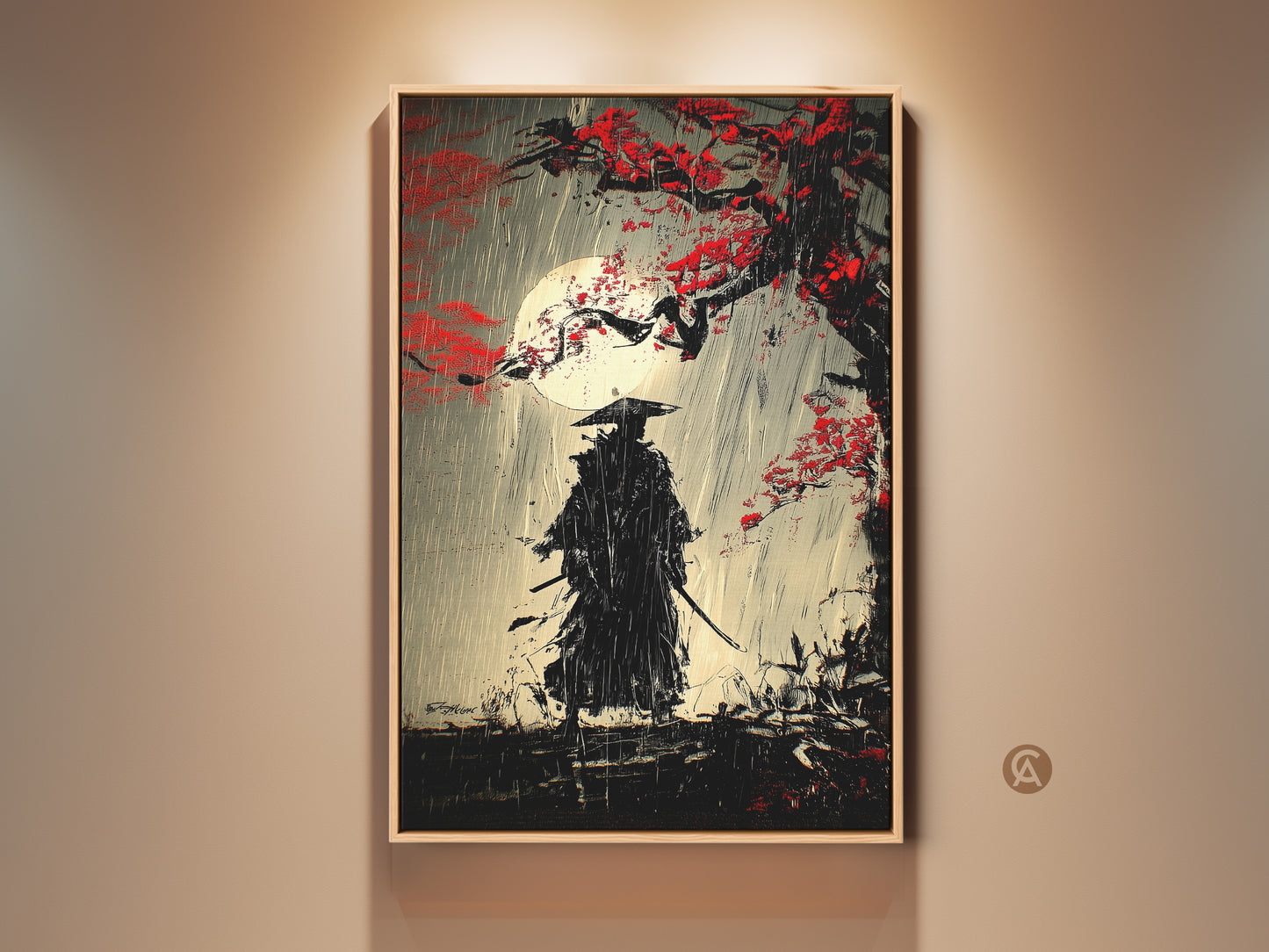 A solitary samurai warrior stands under a red blossom tree. This Ukiyo-e canvas art features a moonlit rain scene. This Japanese ink wash artwork adds eclectic style to any study room. A perfect gift for a warrior fan. The art print is a blend of black red and gray. This canvas brings a powerful Japanese narrative.