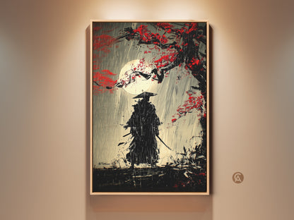 A solitary samurai warrior stands under a red blossom tree. This Ukiyo-e canvas art features a moonlit rain scene. This Japanese ink wash artwork adds eclectic style to any study room. A perfect gift for a warrior fan. The art print is a blend of black red and gray. This canvas brings a powerful Japanese narrative.