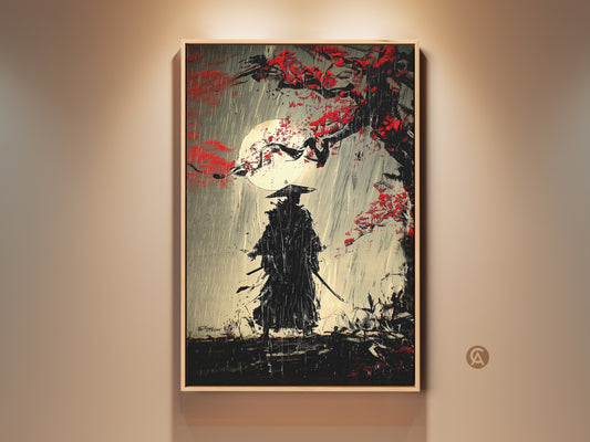 A solitary samurai warrior stands under a red blossom tree. This Ukiyo-e canvas art features a moonlit rain scene. This Japanese ink wash artwork adds eclectic style to any study room. A perfect gift for a warrior fan. The art print is a blend of black red and gray. This canvas brings a powerful Japanese narrative.