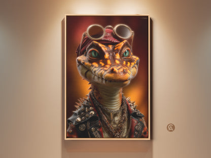 Steampunk Alligator artwork in a wooden frame. This punk rock reptile canvas features a cool animal in a leather jacket. The unique art print is perfect man cave decor. The alligator rockstar wall art adds an edgy vibe to any space. It's a great gift for rock music fans looking for alt rock poster art.