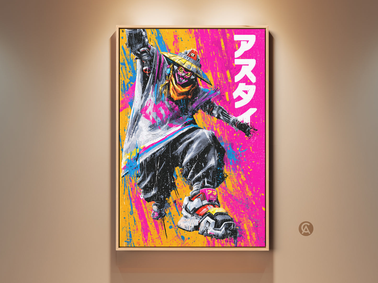 Framed artwork of a character in a straw hat. The figure is captured mid-air with a dynamic pose. Splashes of pink yellow and blue create a vibrant backdrop. This unique piece is perfect for game art fans.