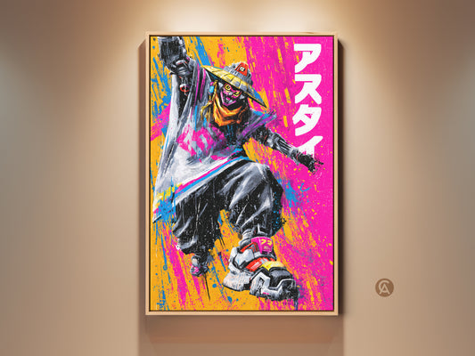 Framed artwork of a character in a straw hat. The figure is captured mid-air with a dynamic pose. Splashes of pink yellow and blue create a vibrant backdrop. This unique piece is perfect for game art fans.