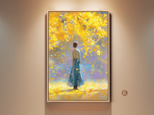 Framed artwork featuring a woman in a blue dress under a yellow tree. This fine art piece brings a touch of elegance to any space. The artwork captures a serene moment in nature. Perfect for adding a sophisticated touch to your home decor.