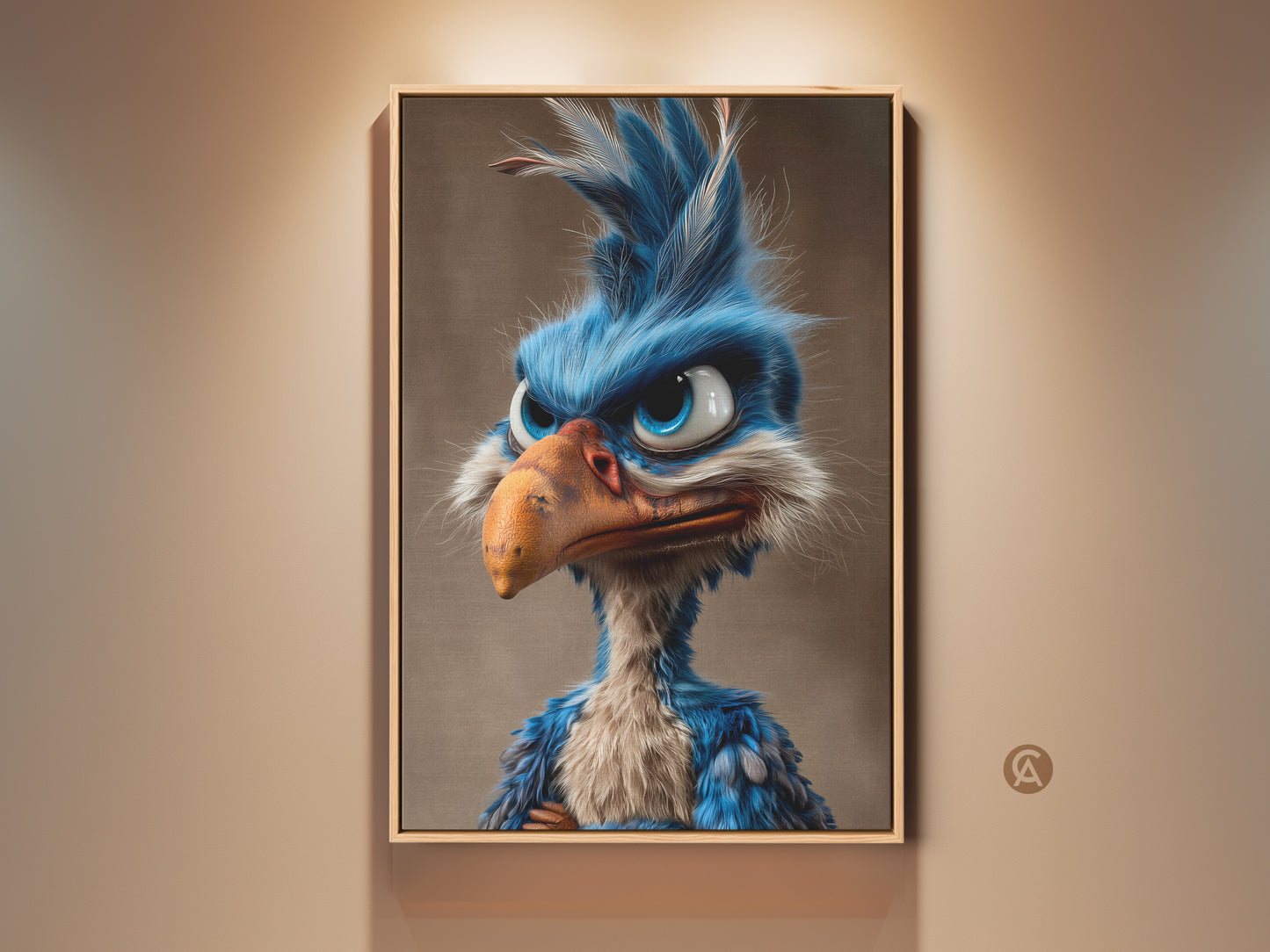 Framed artwork featuring a cartoon bird with blue feathers. This eye-catching wall decor is perfect for kids rooms or adding a whimsical touch to any space. The art is displayed in a warm wooden frame.