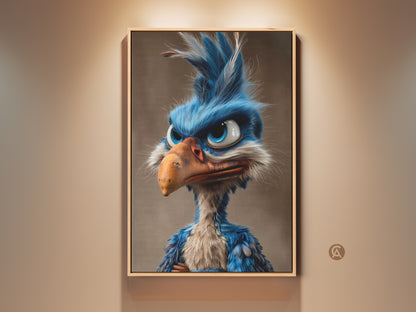 Framed artwork featuring a cartoon bird with blue feathers. This eye-catching wall decor is perfect for kids rooms or adding a whimsical touch to any space. The art is displayed in a warm wooden frame.