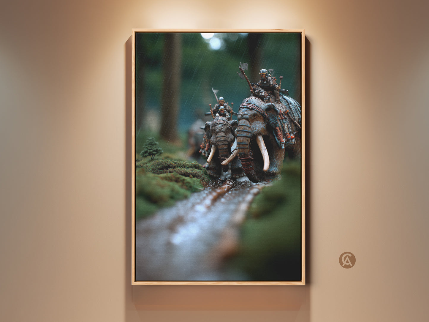 Elephant Warrior canvas art framed in oak. Fantasy battle scene artwork with moss green and earthy brown tones. An epic cinematic decor piece perfect as a study room gift. The artwork brings a touch of ancient jungle warfare to your home.