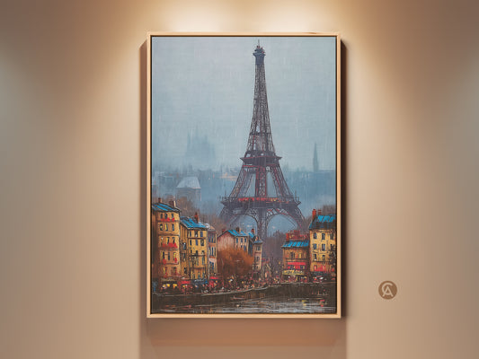 Eiffel Tower art in a floating frame. Features the iconic Paris landmark with buildings along the river. Buy this framed canvas wall art to bring European charm to your space. Perfect piece for living rooms or offices.