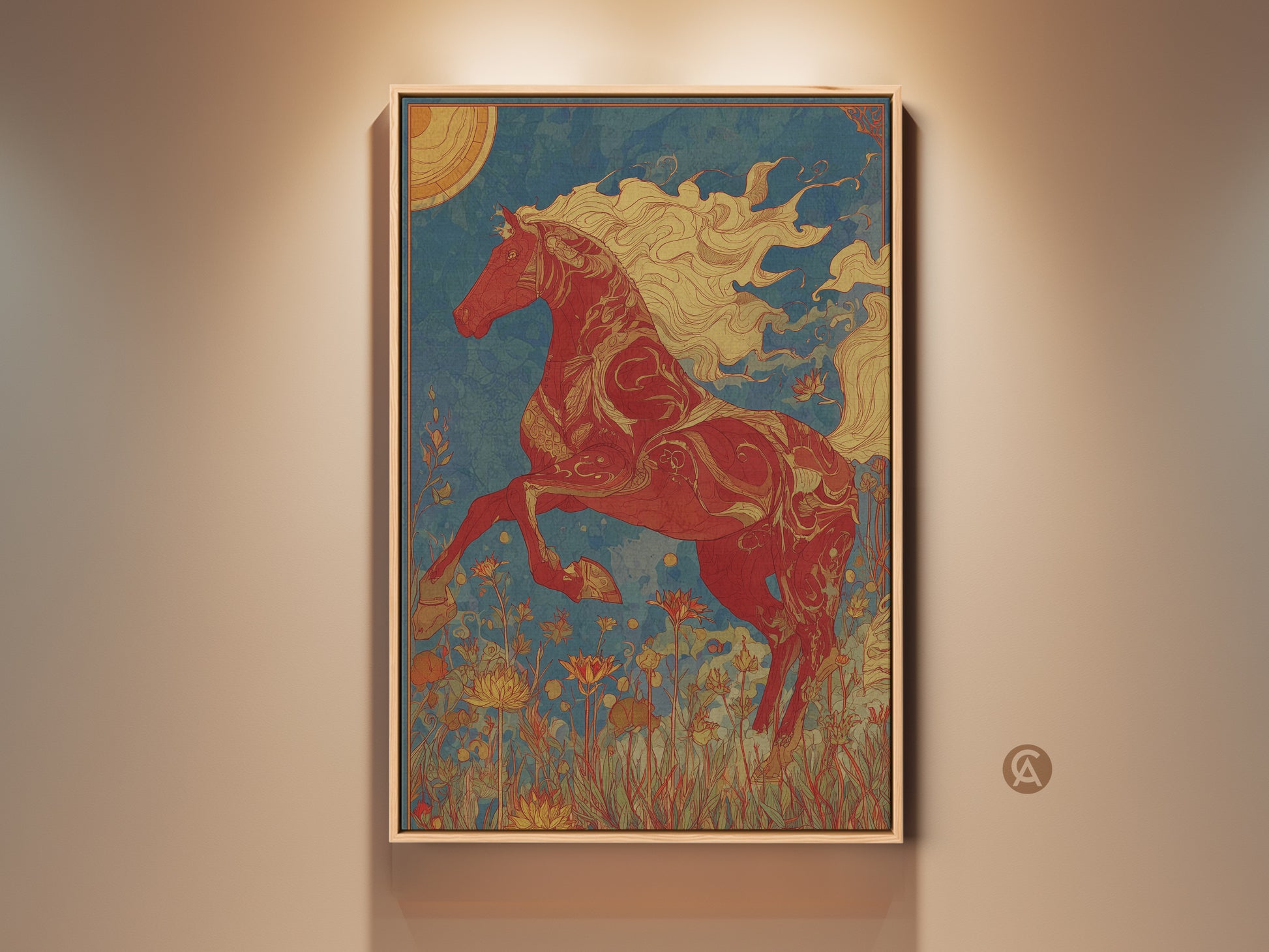 Majestic red horse art print in an art nouveau style. This canvas features a teal blue sky and nature elements. The sun motif adds a touch of warmth. An equestrian gift idea for unique wall decor.
