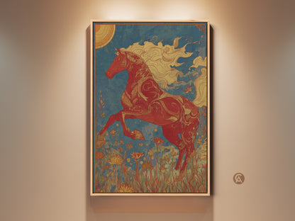 Majestic red horse art print in an art nouveau style. This canvas features a teal blue sky and nature elements. The sun motif adds a touch of warmth. An equestrian gift idea for unique wall decor.