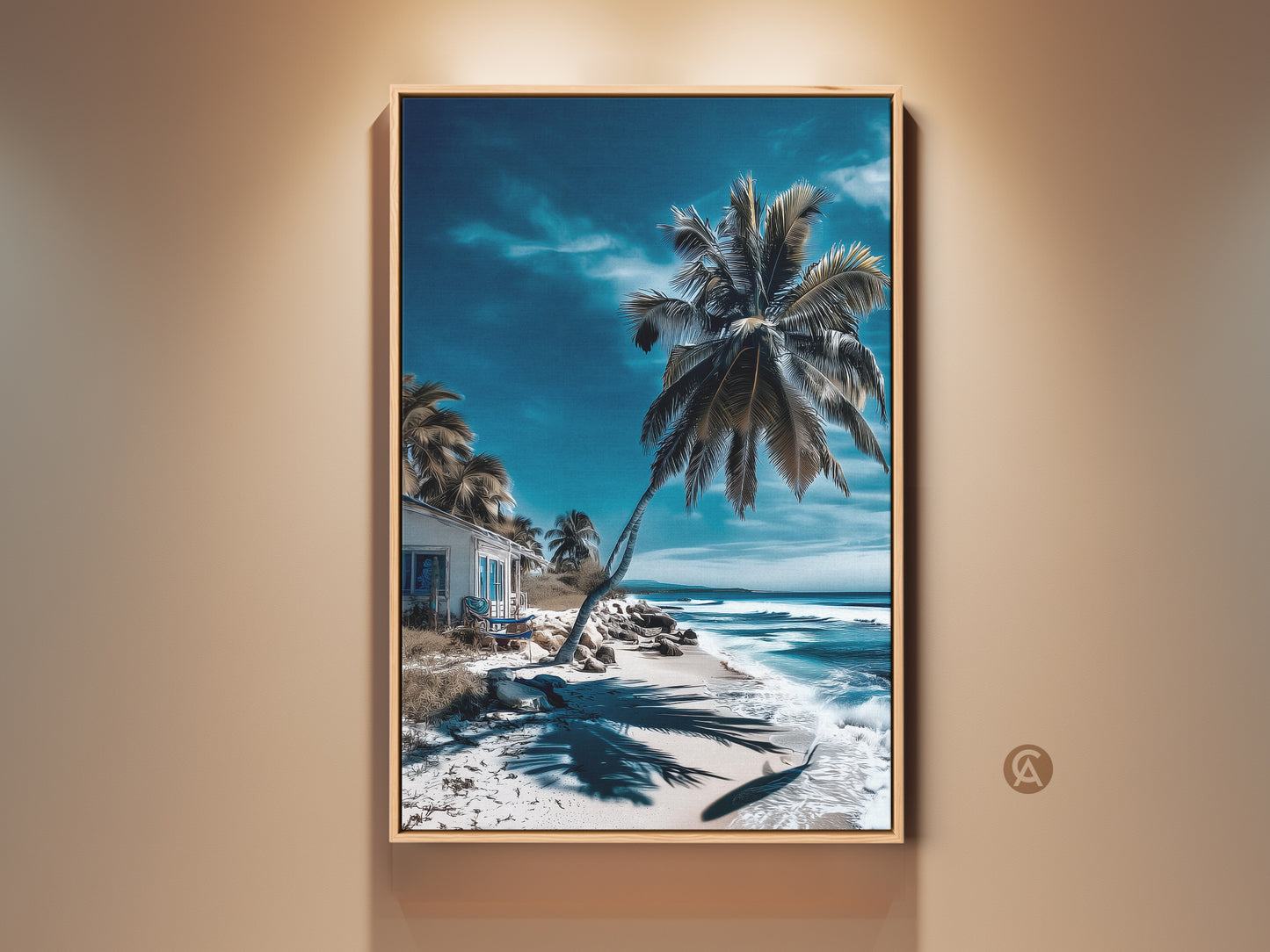 Framed beach artwork displaying a turquoise ocean and white sand. A palm tree and beach house are featured. This framed canvas art is ready to hang and brings tropical style.