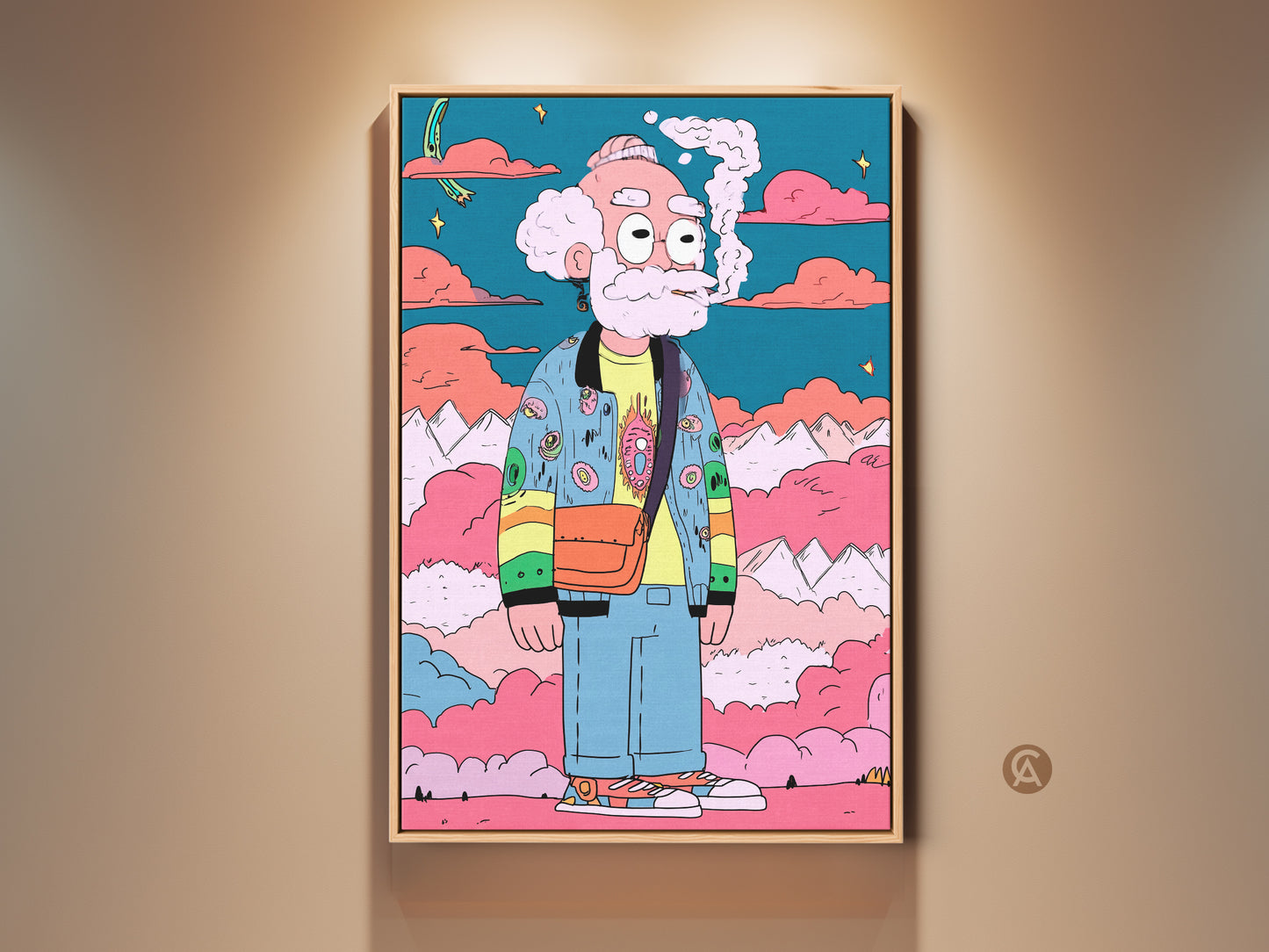 A vibrant framed artwork that captures a cartoon character smoking. The art features a surreal landscape. The colors are bright and eye-catching. Perfect for adding a touch of whimsy to any room. It is mounted on a beige wall.