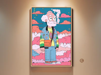 A vibrant framed artwork that captures a cartoon character smoking. The art features a surreal landscape. The colors are bright and eye-catching. Perfect for adding a touch of whimsy to any room. It is mounted on a beige wall.