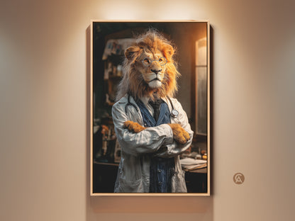 Framed canvas print featuring a lion dressed as a doctor. This medical office wall art has a unique anthropomorphic style. The gold and orange tones add an eclectic touch to the animal-themed decor. Perfect for a doctor's office or study room wall art.