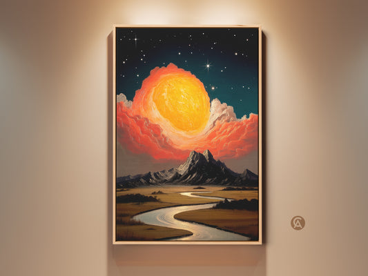 Expressive cosmic sun mountain river canvas art print in a frame is on display. This dreamlike landscape wall art features yellow orange teal tones. It adds an eclectic celestial touch. Perfect as wall decor for living room or as a unique gift for stargazers.